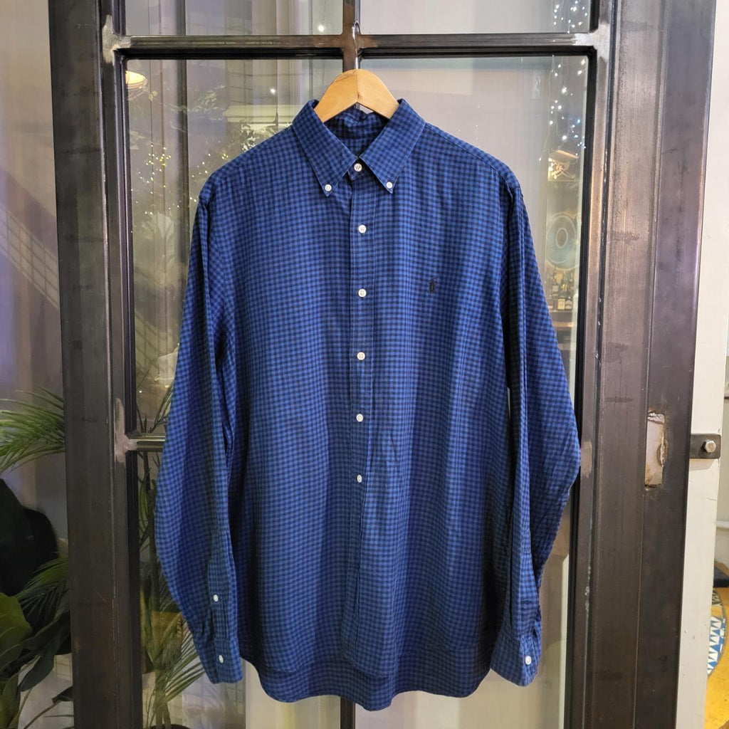 RLS036-P - Vintage Ralph Lauren Navy Blue Checekered Button Up Shirt Longsleeve collared top #Y2K #preppy #smartcasual #golf #oldmoney