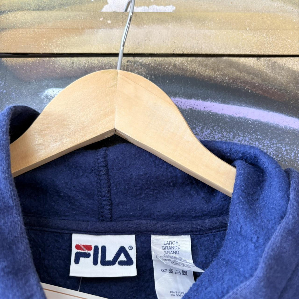 Vintage FILA Hoodie Top Mens Large Blue Spellout Logo Embroidered Streetwear Sweatshirt Essential 90s Y2K