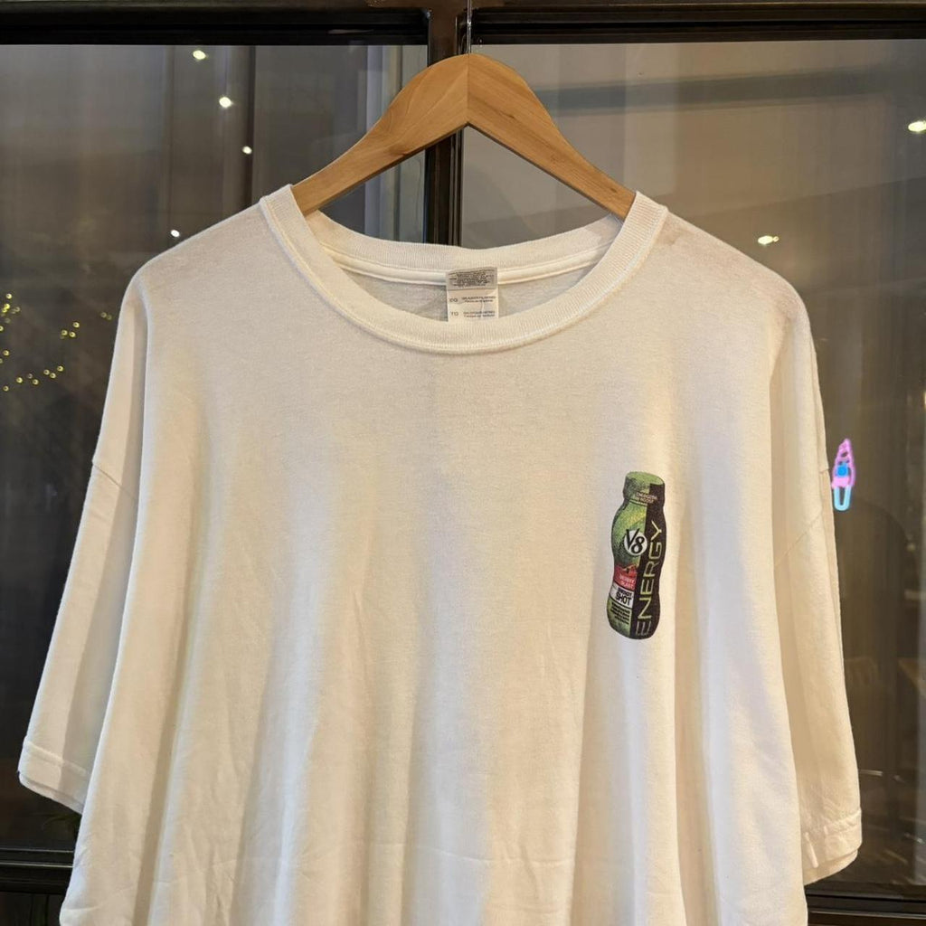 TEE620F - Vintage Retro Essential White V8 Energy Shot Graphic Print Top Tee T-shirt #90s #graphic #kyle #energydrink #v8energy
