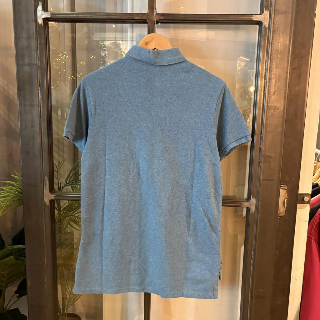 POL403F - Vintage Retro Ralph Lauren Blue Plain Polo Shirt Short Sleeve collared button up top  #Y2K #preppy #chiefkeef #oldmoney #ralphlauren