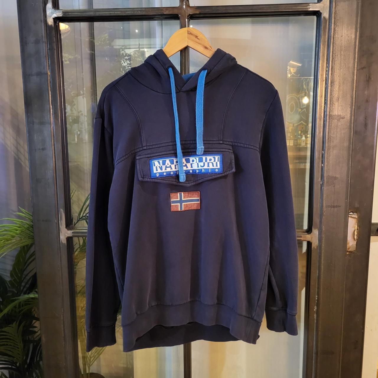 SWT290 - Vintage Retro Essential adult Napapijiri Navy Hoodie sweatshirt jumper crewneck with embroided chest logo and zip pouch #napapijri #expedition #hike #casual