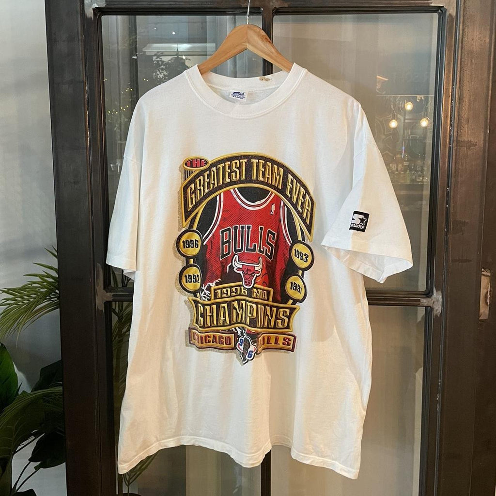 TEE00C - Vintage Retro Essential White Chicago Bulls 1996 NBA Chmapions Single Stitch Starter Graphic Print Top Tee T-shirt #90s #nba #basketball #chicagobulls #singlestitch