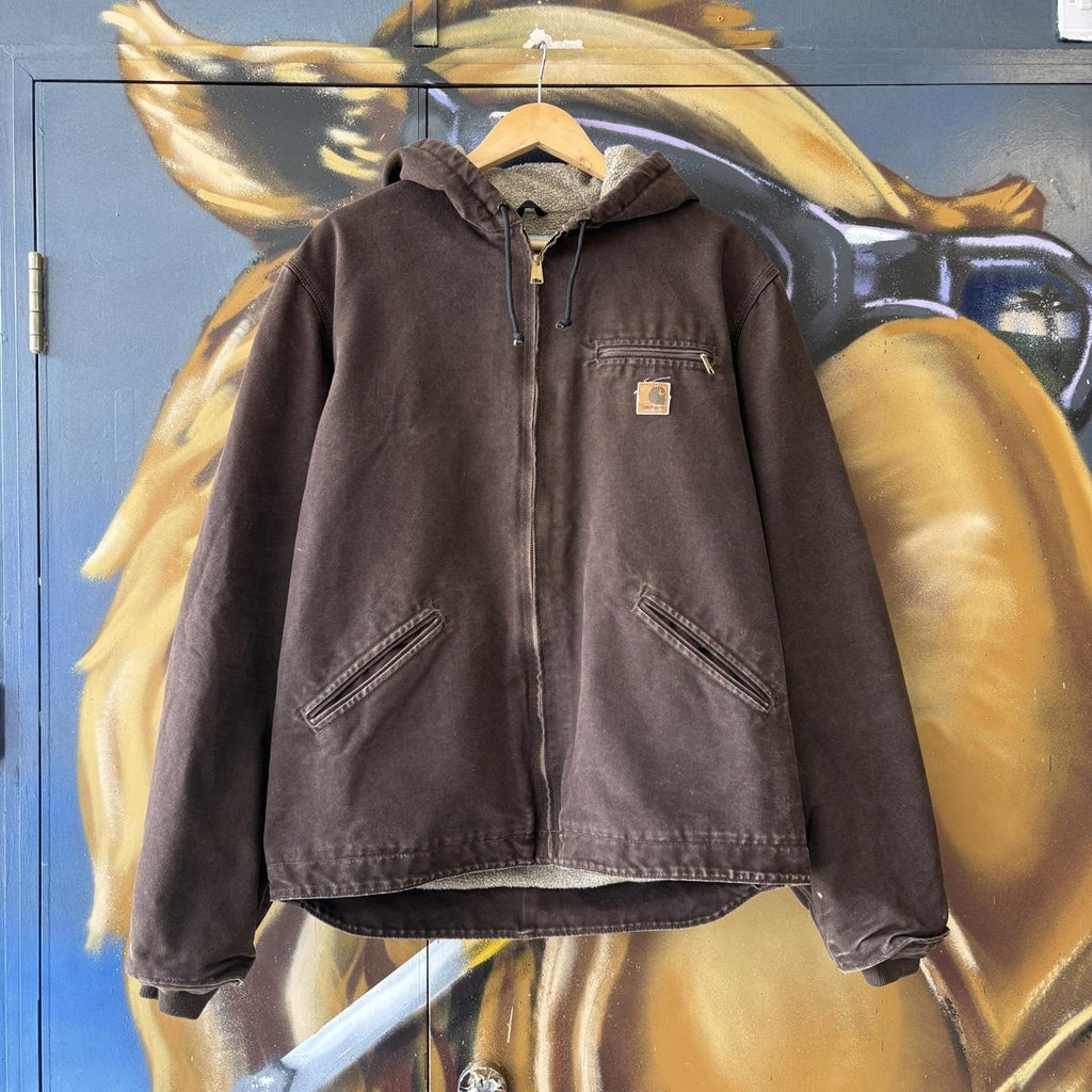 Vintage Carhartt Active Jacket Mens Large J141-DKB Hooded Full Zip Canvas Heavyweight Fleece Lined Coat 90s Y2K