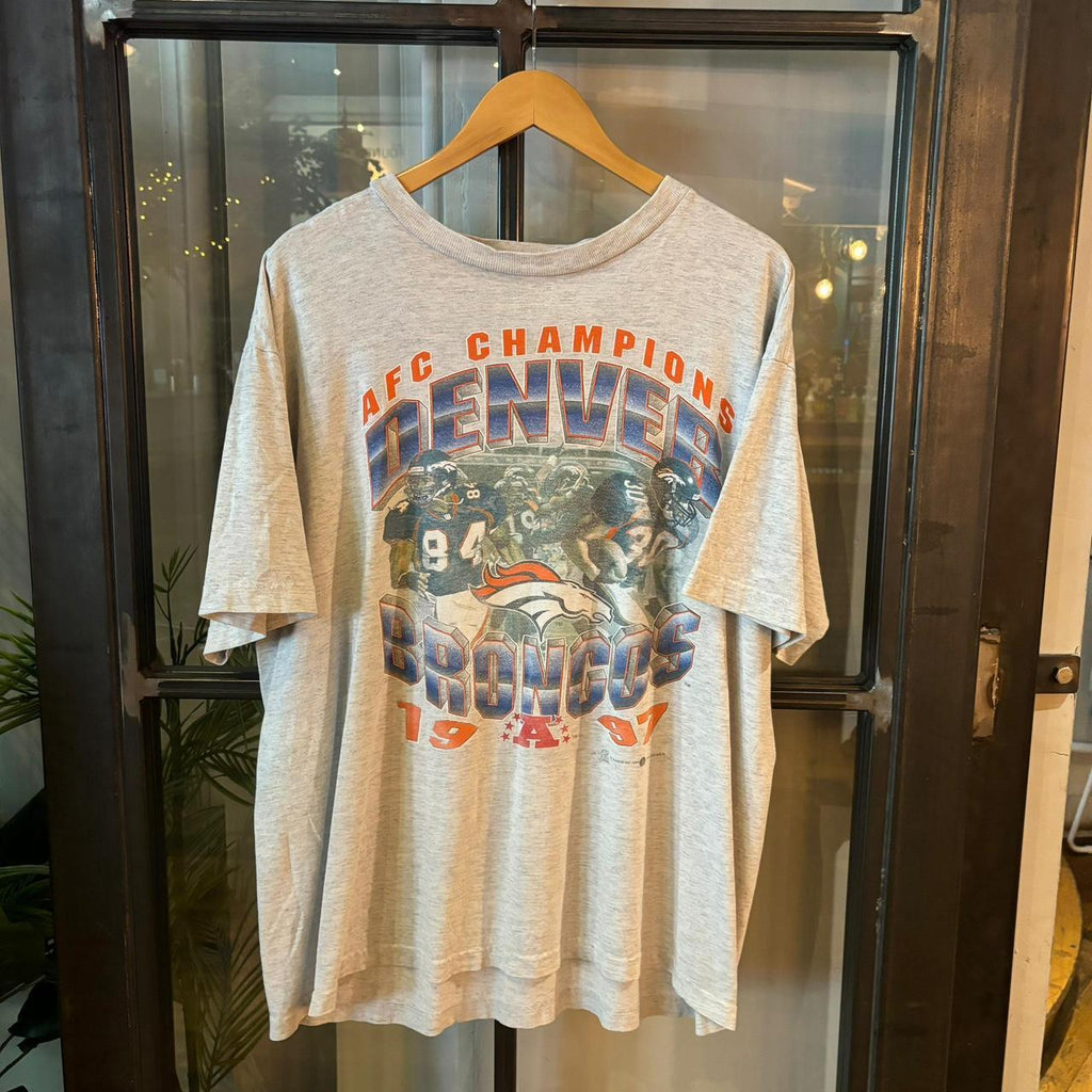 TEE438P - Vintage Retro Essential Grey Denver Broncos AFC 1997 Champions Graphic Print Top Tee T-shirt on Try Tag #90s #nfl #americanfootball #denver #broncos