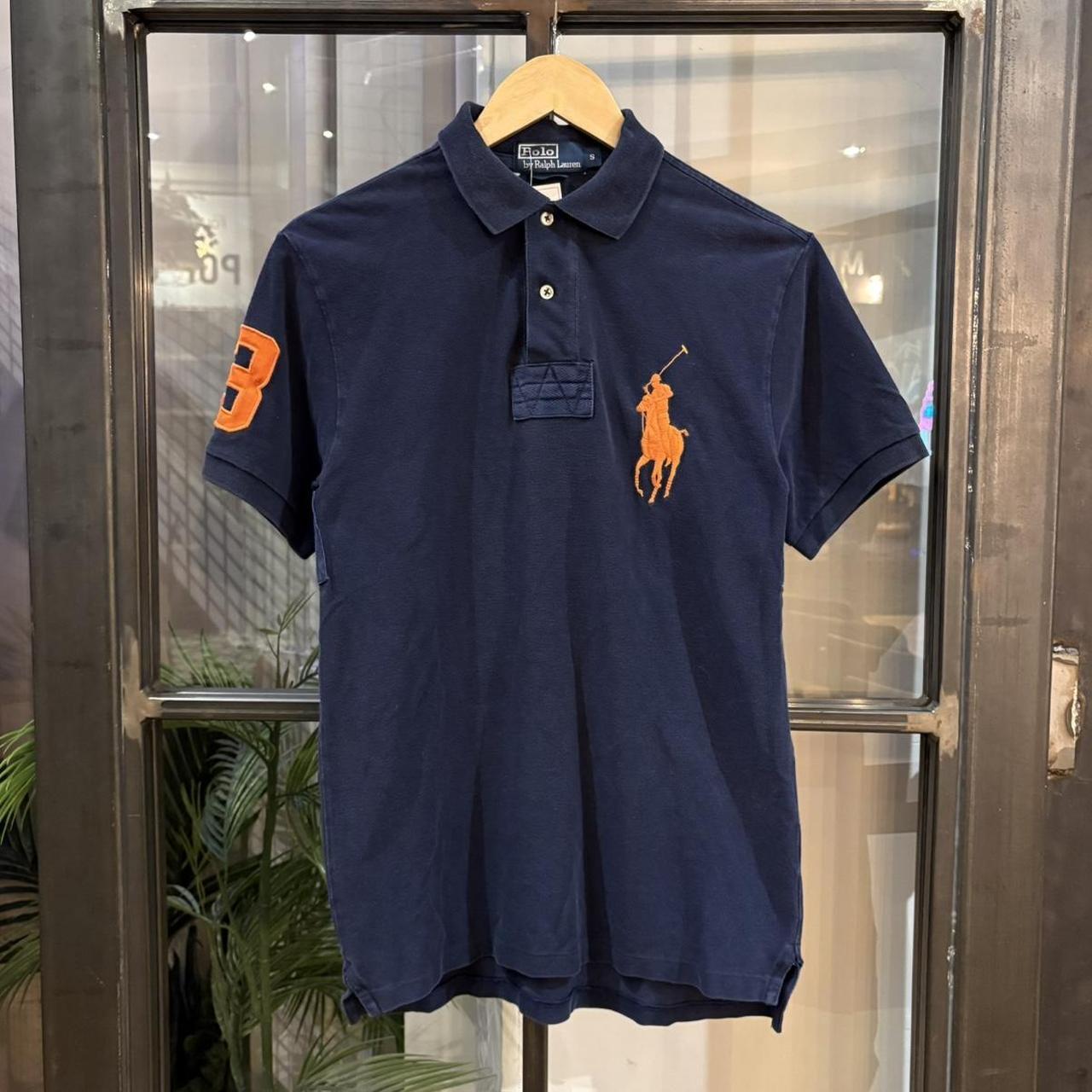 MES2811BT-F - Vintage Retro Ralph Lauren Navy Polo Shirt Short Sleeve collared button up top with Orange embroidered big logo and number 3  #Y2K #preppy #chiefkeef #oldmoney #ralphlauren