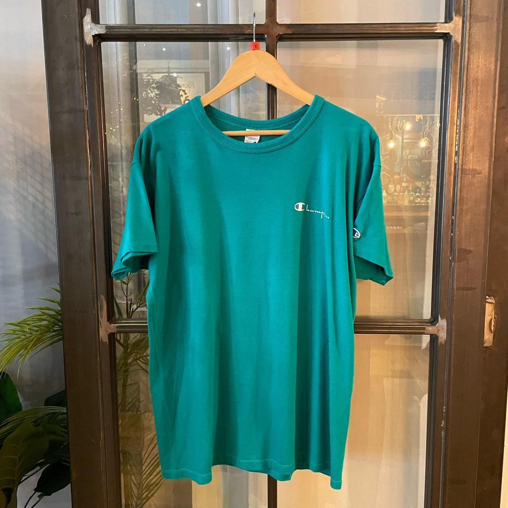 0125A58P - Vintage Retro Essential Teal Champion Chest Script Logo Print Top Tee T-shirt #90s #champion #top #essential #basic