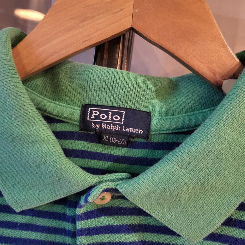POL076 - Vintage Ralph Lauren Green blue Stripe Polo Shirt Short Sleeve collared button up top #Y2K #preppy #chiefkeef #bigpony
