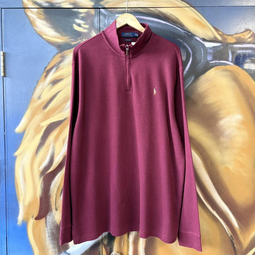 Vintage Red Ralph Lauren Quarter Zip Sweatshirt Jumper Top preppy essential smart casual with coloured spellout embroidered logo pony horse Wine maroon 00s 90s Y2K Cheltenham races horse racing old money estate rib