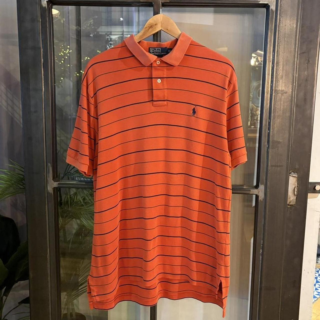 POL303-F - Vintage Ralph Lauren Striped Orange Navy Polo Shirt Short Sleeve collared button up top #Y2K #preppy #chiefkeef #golf #oldmoney