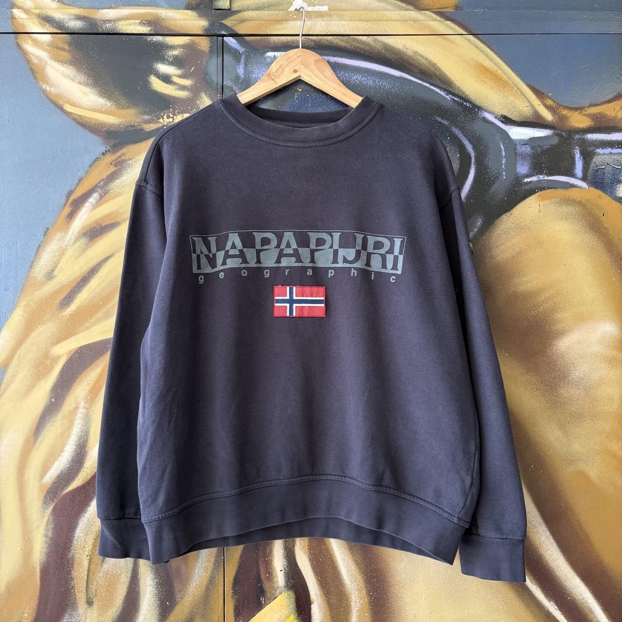 Vintage Napapijri Sweatshirt Mens Medium Navy Big Spell Out Logo Pullover Jumper Top 90s Y2K 00s