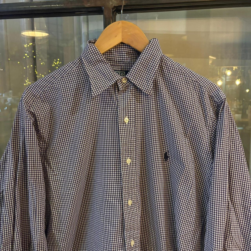 RLS254F - Vintage Ralph Lauren Navy Check Longsleeve collared button up polo shirt top #Y2K #preppy #chiefkeef #smartcasual #oldmoney