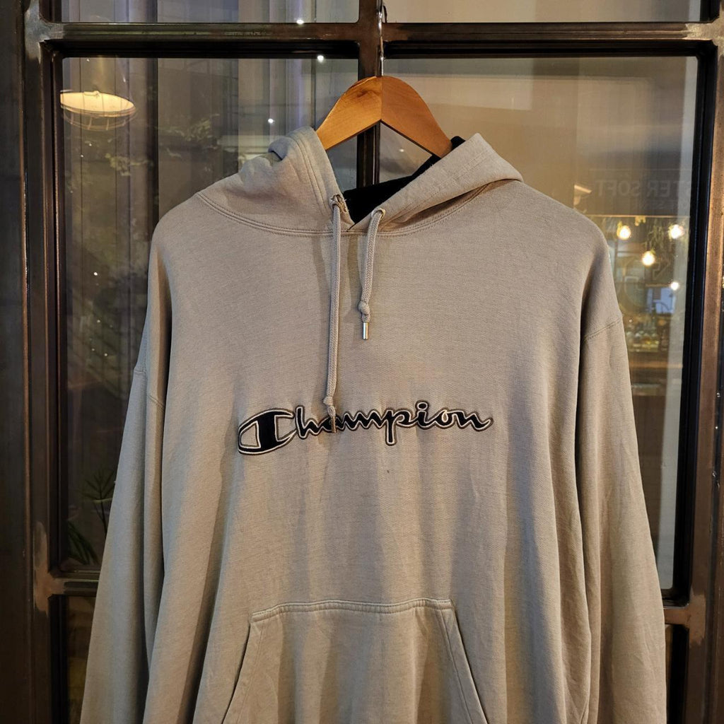 SWT313 - Vintage Retro Essential Champion Grey Stone Hoodie sweatshirt with big spellout centre chest embroidered logo #champion #90s #y2k #skater #casual