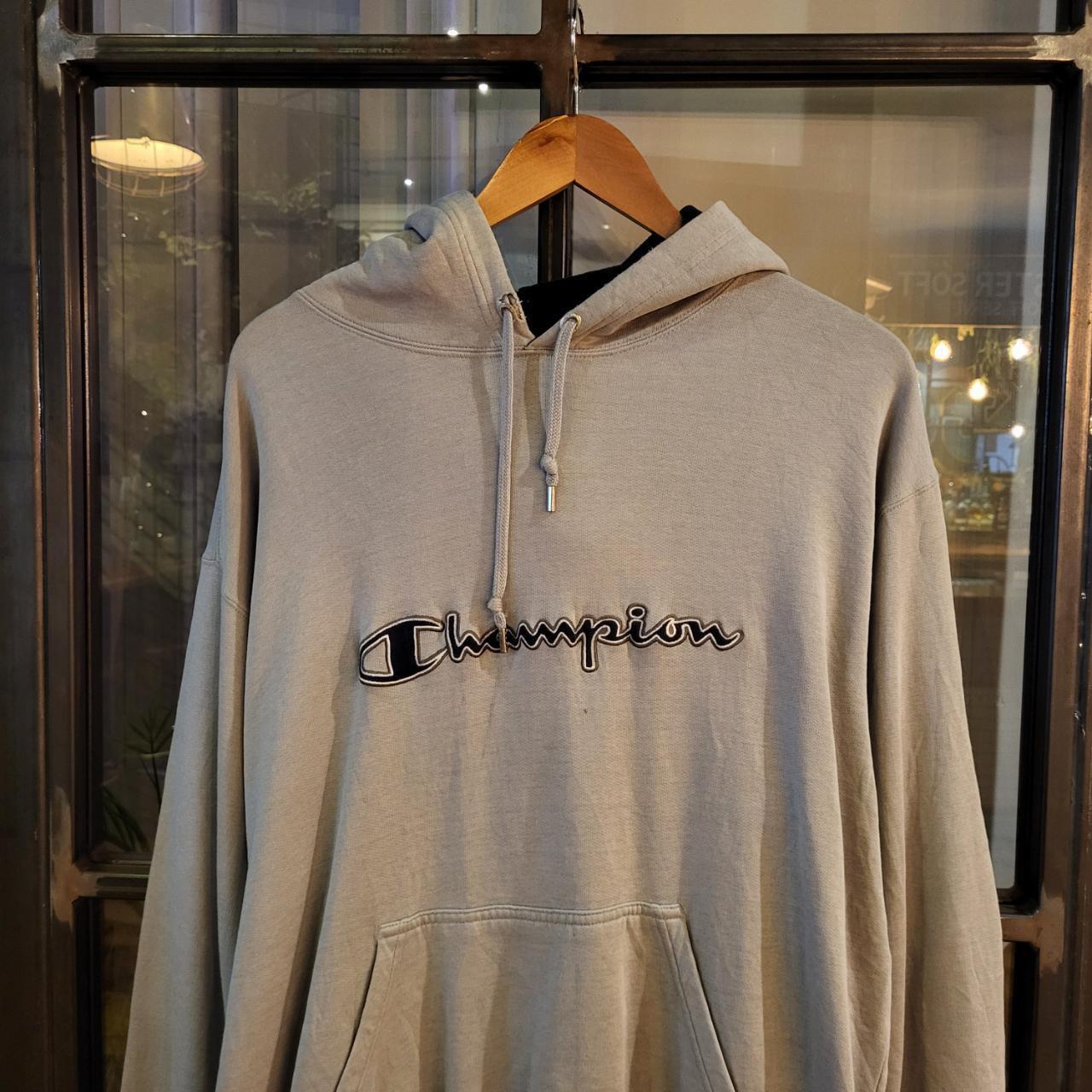 SWT313 - Vintage Retro Essential Champion Grey Stone Hoodie sweatshirt with big spellout centre chest embroidered logo #champion #90s #y2k #skater #casual