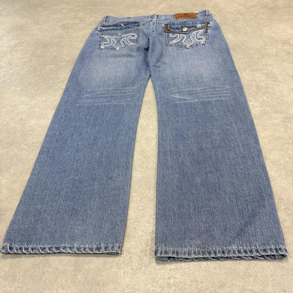 BR1209CB-U - Vintage retro essential  Mek Denim USA Blue Wash Denim Jeans Trousers pants with y2k embroidered detailing #denim #usa #jeans #y2k #embroidered