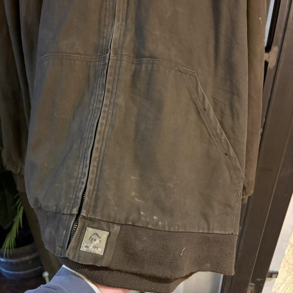 0125A89 - Vintage Retro Wolverine Mocha Chocolate Brown Full Zip Up lined Canvas Hooded Workwear Active Jacket #utility #workwear #activejacket #skater #wideboxy