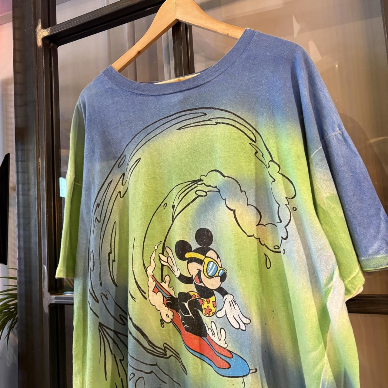 TEE459F - Vintage Retro Essential Blue and Green Tie-Dye Mickey Mouse Surfing Graphic Print Top Tee T-shirt on Mickey Unlimited Tag #singlestitch #tiedye #surfing #disney #mickeymouse