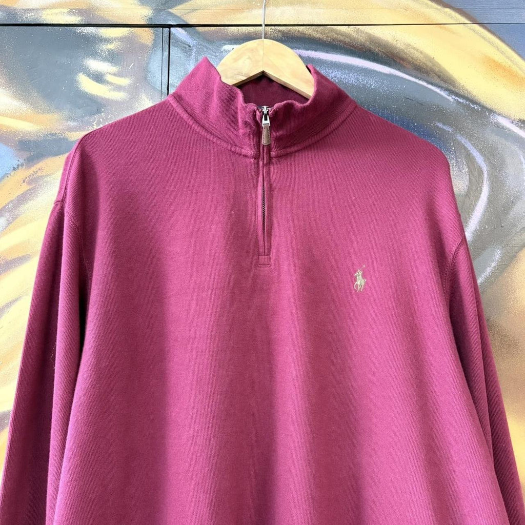 Vintage red Ralph Lauren Quarter Zip Sweatshirt Jumper Top preppy essential smart casual with green spellout embroidered logo pony horse Wine maroon 00s 90s Y2K Cheltenham races horse racing old money