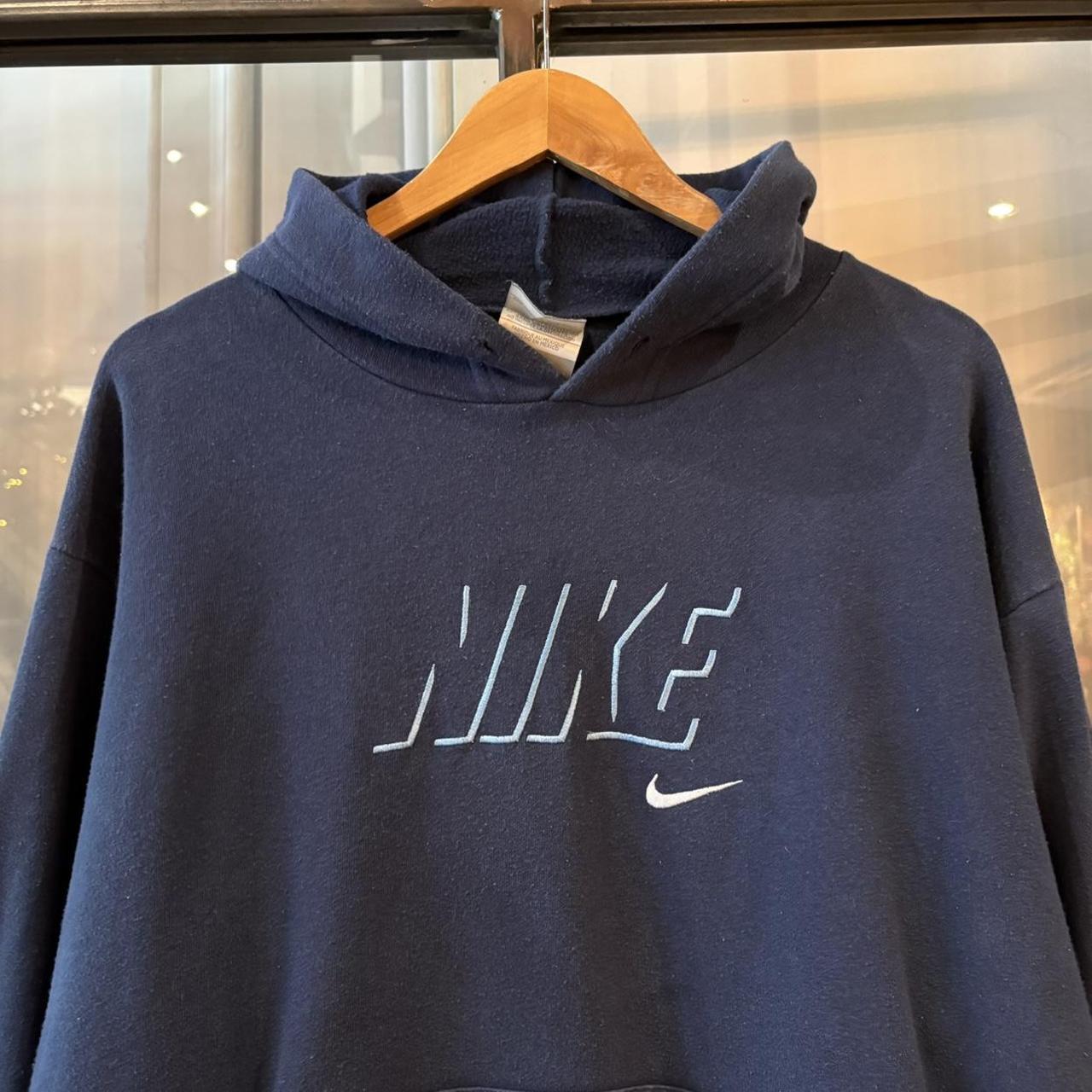 Vintage Nike Centre Solo Swoosh Hoodie Navy Blue Mens Large Sweatshirt Skate Surf Jumper 90s Y2K 00s