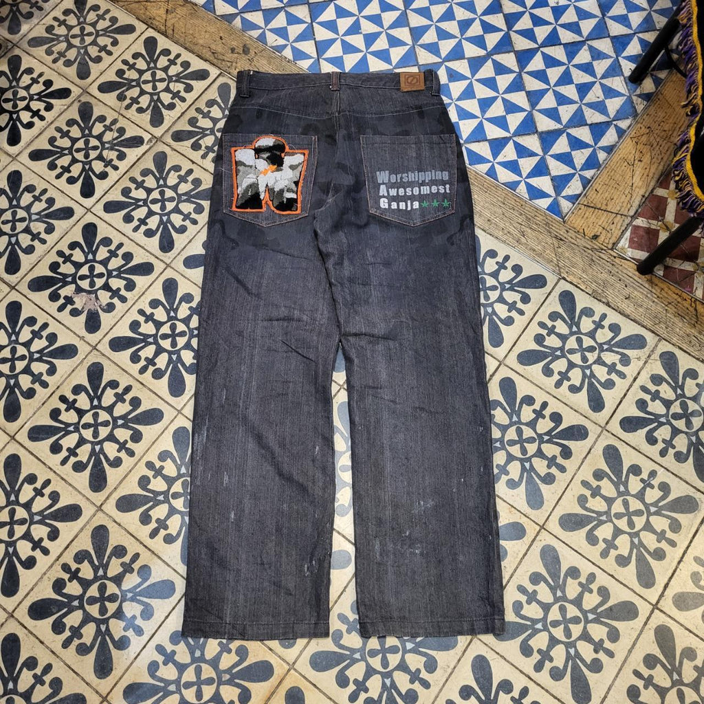JNS203BR - Vintage retro essential Square Zero Black Wash Baggy Straight Leg Denim Jeans Trousers pants #denim #denimjeans #squarezero #embroidered