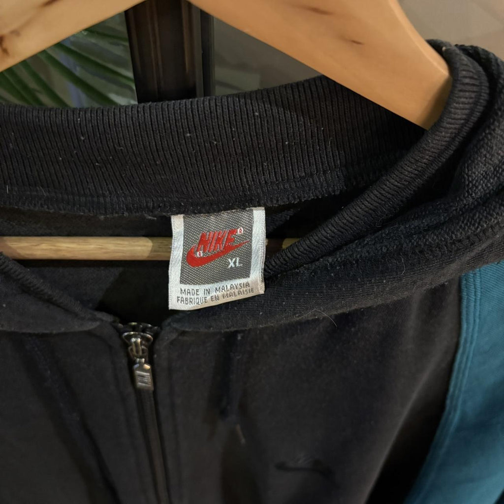 1224A39BR - Vintage Retro Essential Nike 90s X Training  Black Teal Full Zip Up Hoodie Jumper Sweatshirt with big spellout embroidered logo #90s #sportswear #essential #nike #y2k