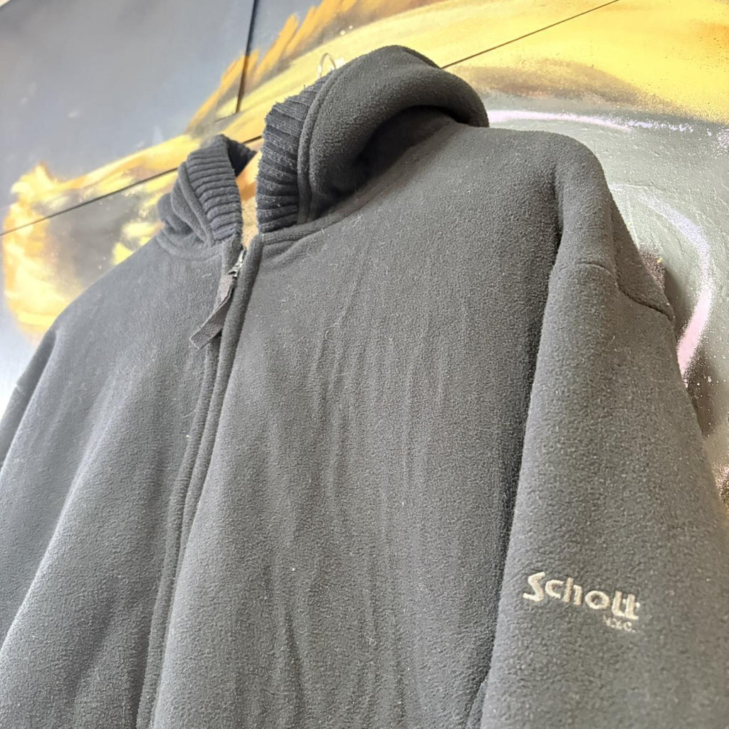 MES1102AK-U - Vintage Retro Essential Black Schott NY Blafk Sherpa Lined Sweatshirt Hoodie with embossed spell out back hit logo #90s #streetwear #schnottny #schontt #y2k