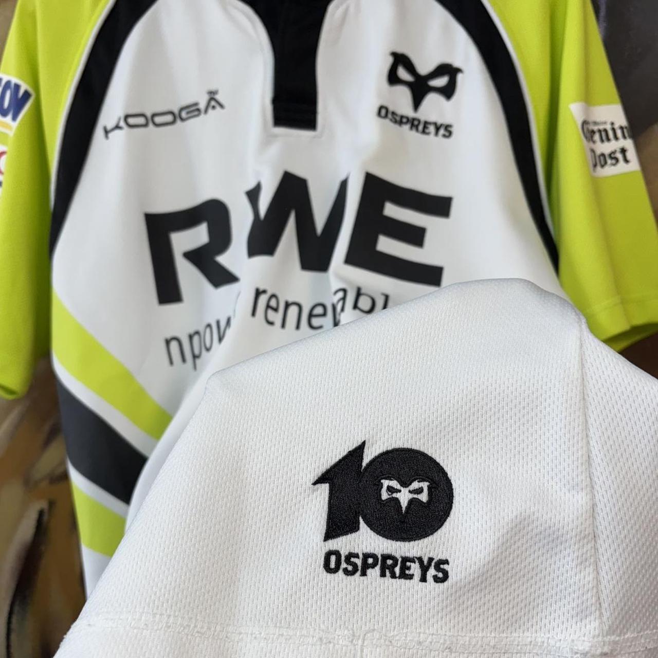 Vintage Retro Essential Kooga Ospreys 2012 - 13 Away Yellow and White Collared Rugby Short Sleeve Jersey Shirt top  with embroidered logos and RWE, Jewson, Tesco, Cuddy Group, Evening Post and Worthington's printed sponsorships