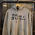 SWT308 - Vintage Retro Essential adult Champion Grey Hoodie sweatshirt jumper crewneck with big graphic 'Play Like A Champion' spellout centre chest embroidered logo 90s y2k style