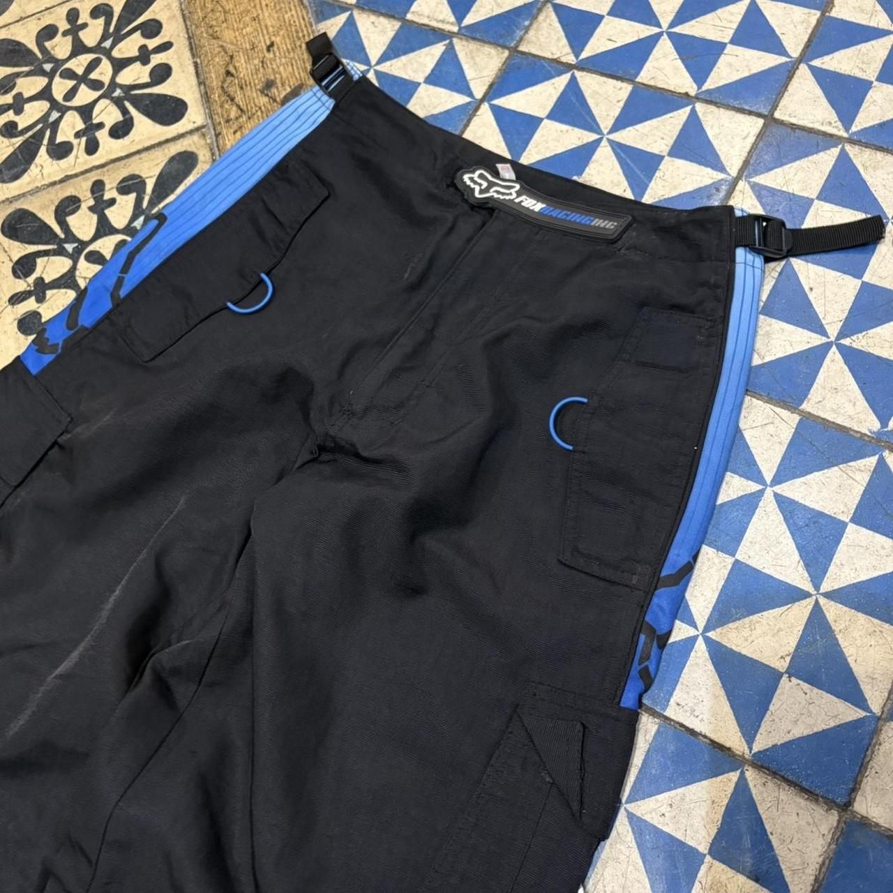 TRW533F - Vintage retro essential Black and Blue Fox Racing Motorcross Cargo Trousers pants with adjustable built in belt #motorcross #motorcylces #racing #foxracing #biker