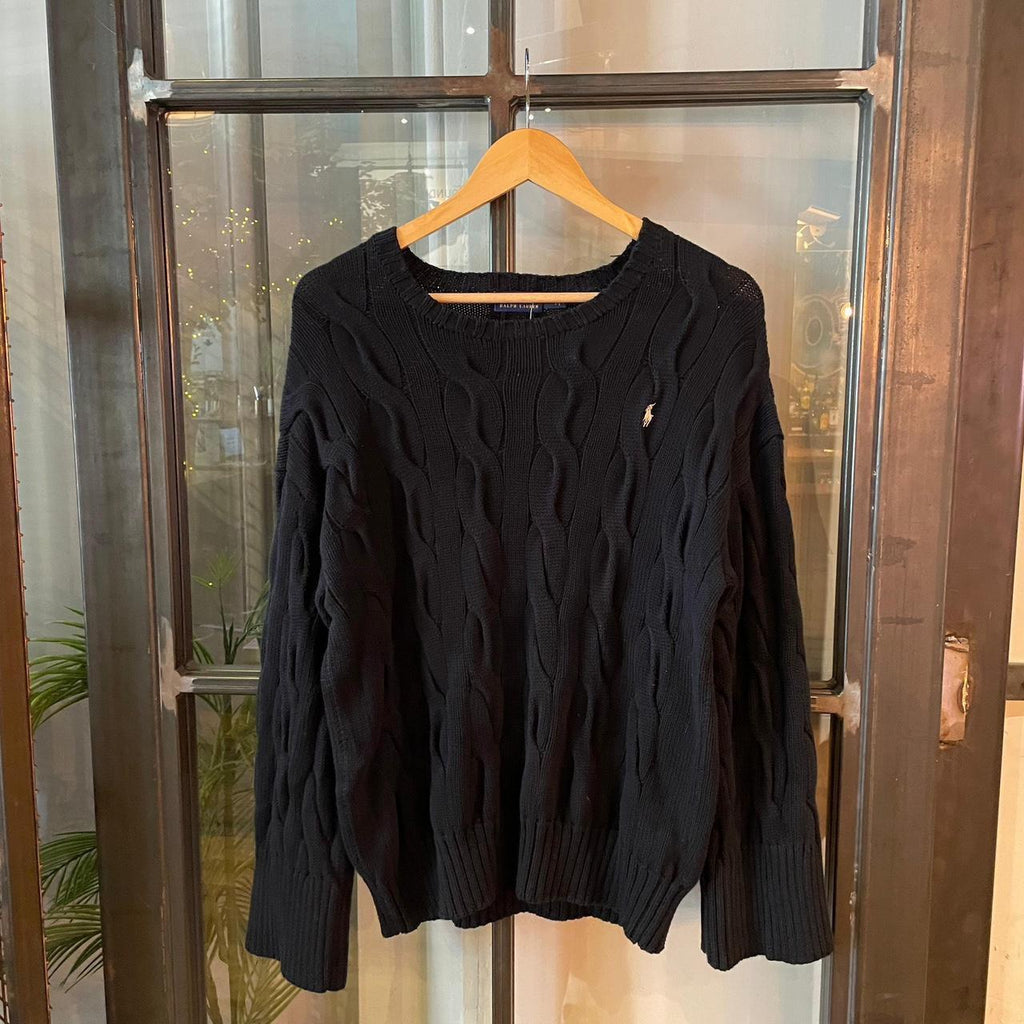 0325D48F -  Vintage Retro Essential Black Polo Ralph Lauren Cable knit textured plain fisherman golf grandpa cosby sweatshirt crewneck knit Jumper #cableknit #knitjumper #fisherman #preppy #poloralphlauren