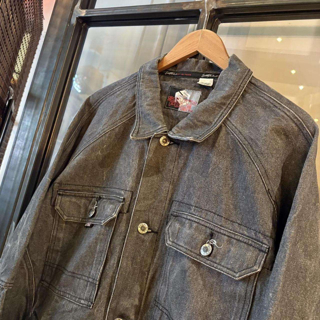 0325GE84F - Vintage Retro Essential South Pole Grey Wash Button Up Denim Jacket with embroidered patch logos and back graffiti print #denimjacket #denim #hiphop #y2k #southpole