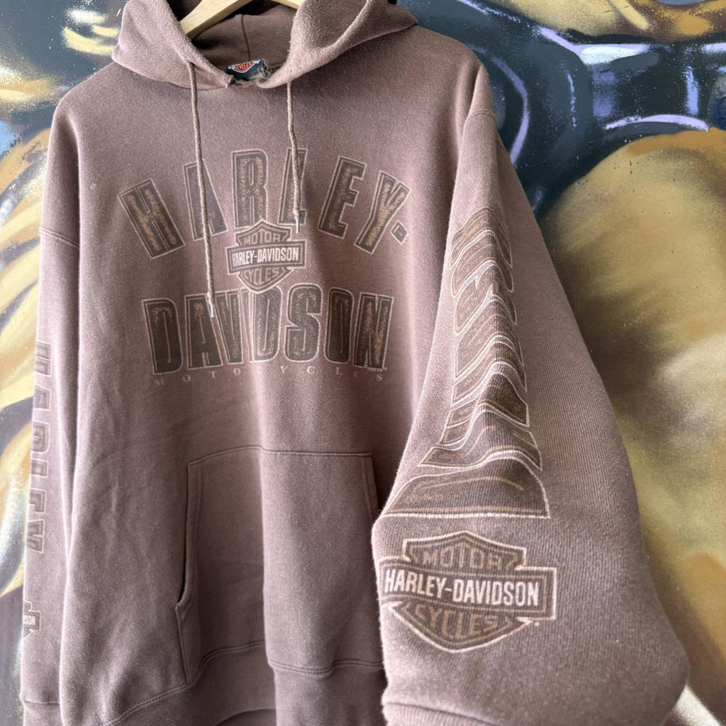 Vintage Harley Davidson Hoodie Mens  Large Brown Italy Treviso Biker Logo Graphic Print Jumper Top 90s Y2K 00s