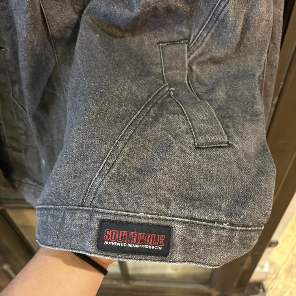 0325GE84F - Vintage Retro Essential South Pole Grey Wash Button Up Denim Jacket with embroidered patch logos and back graffiti print #denimjacket #denim #hiphop #y2k #southpole