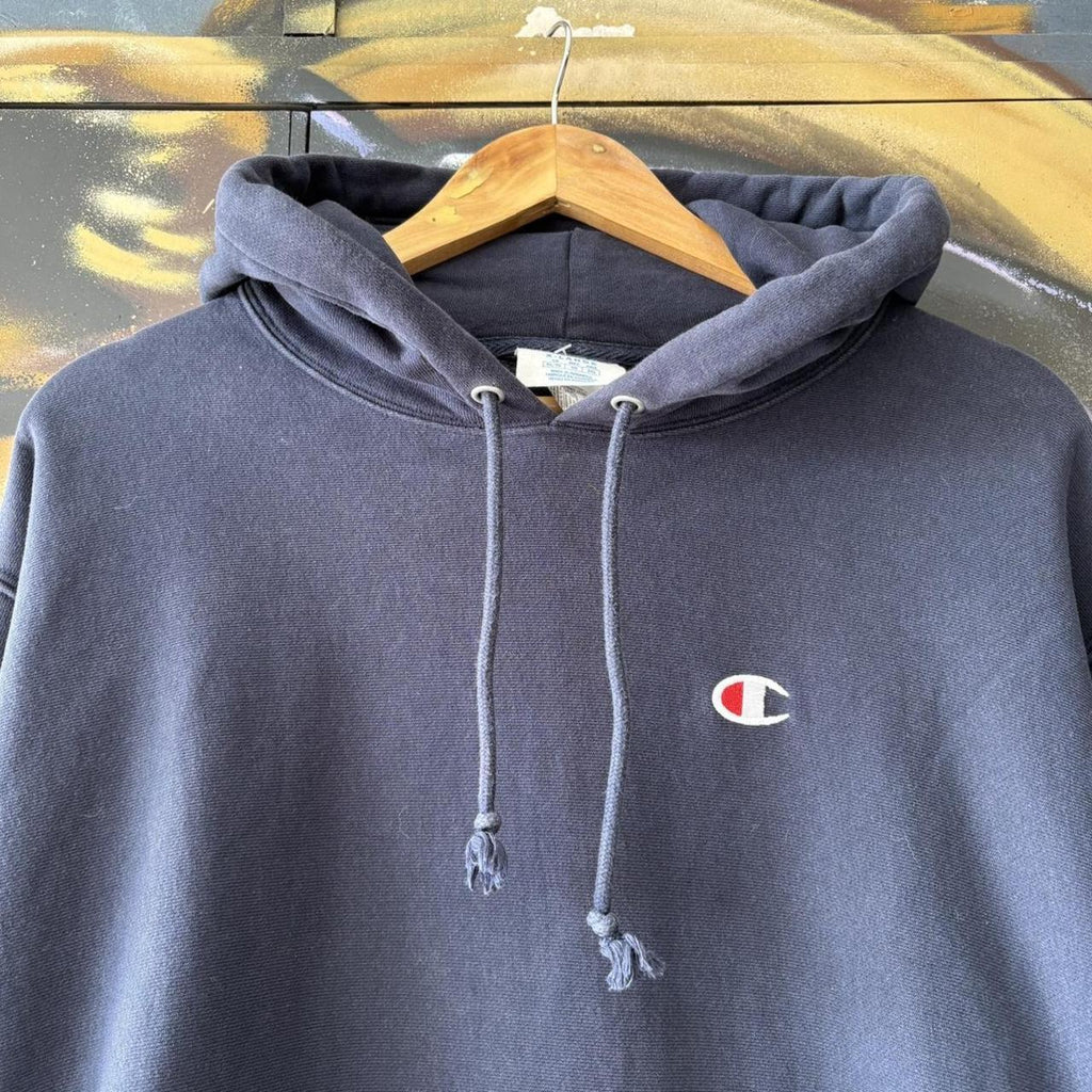Vintage Champion Hoodie Mens XL Navy Reverse Weave Heavyweight Cotton Pullover Sweatshirt Jumper 90s Y2K 2000s