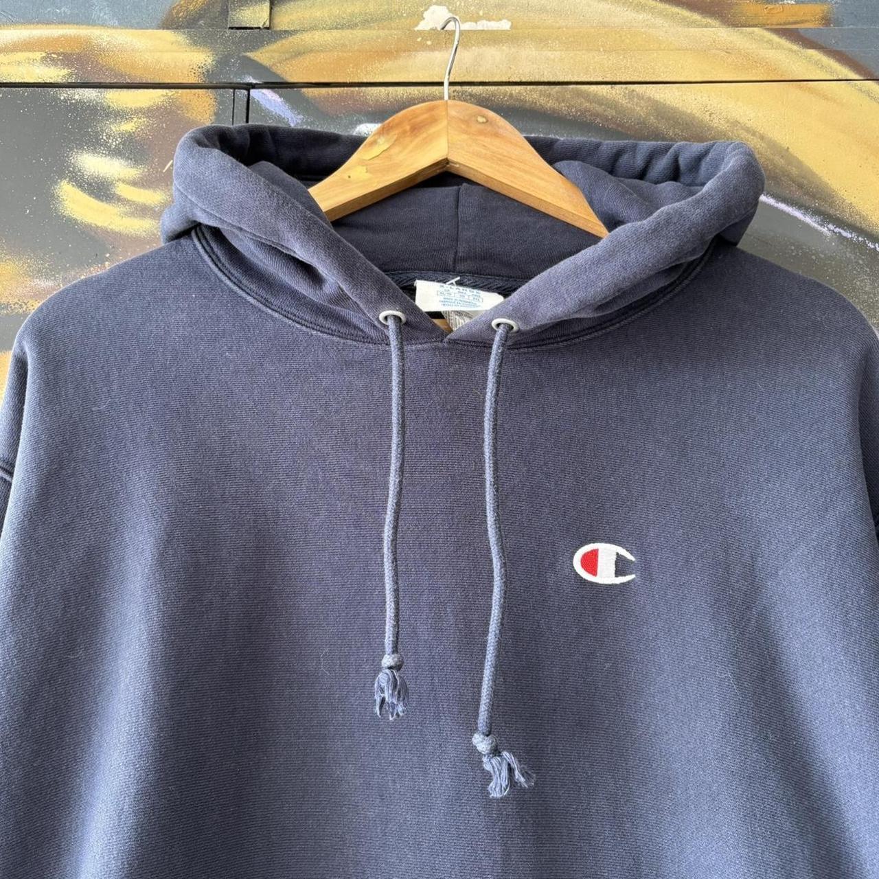 Vintage Champion Hoodie Mens XL Navy Reverse Weave Heavyweight Cotton Pullover Sweatshirt Jumper 90s Y2K 2000s