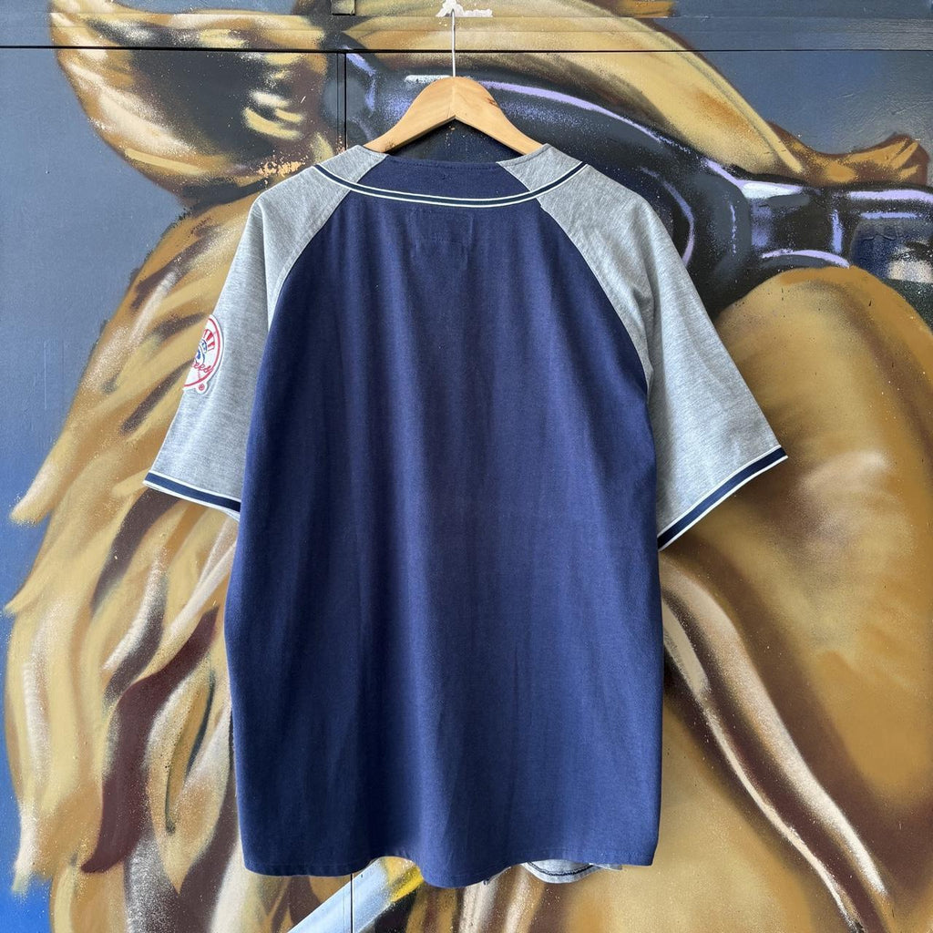 Vintage New York Yankees T shirt Mens Large Navy Grey Button Up Baseball Jersey Training Tee Top 90s Y2K 00s