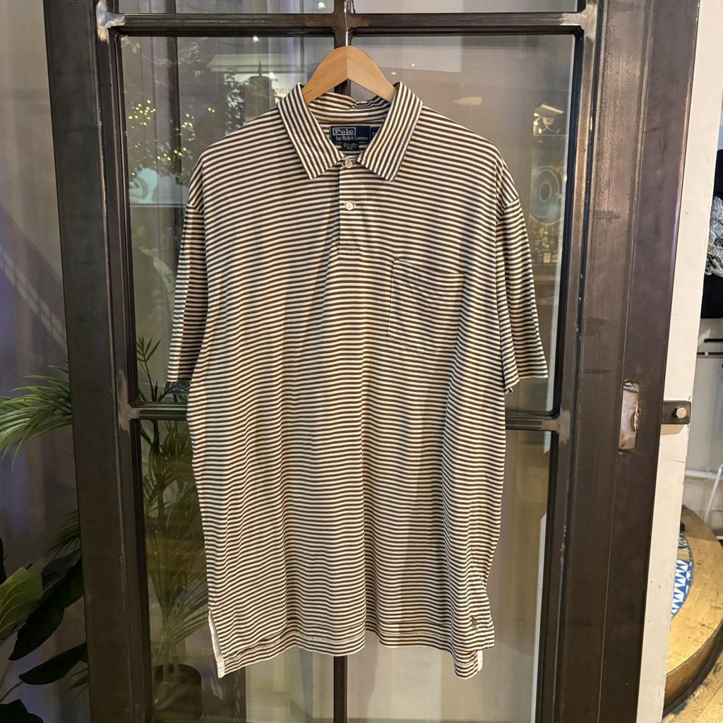 POL326 - Vintage Retro Ralph Lauren Striped Brown Cream Pocket Polo Shirt Short Sleeve collared button up top #Y2K #preppy #chiefkeef #oldmoney #ralphlauren