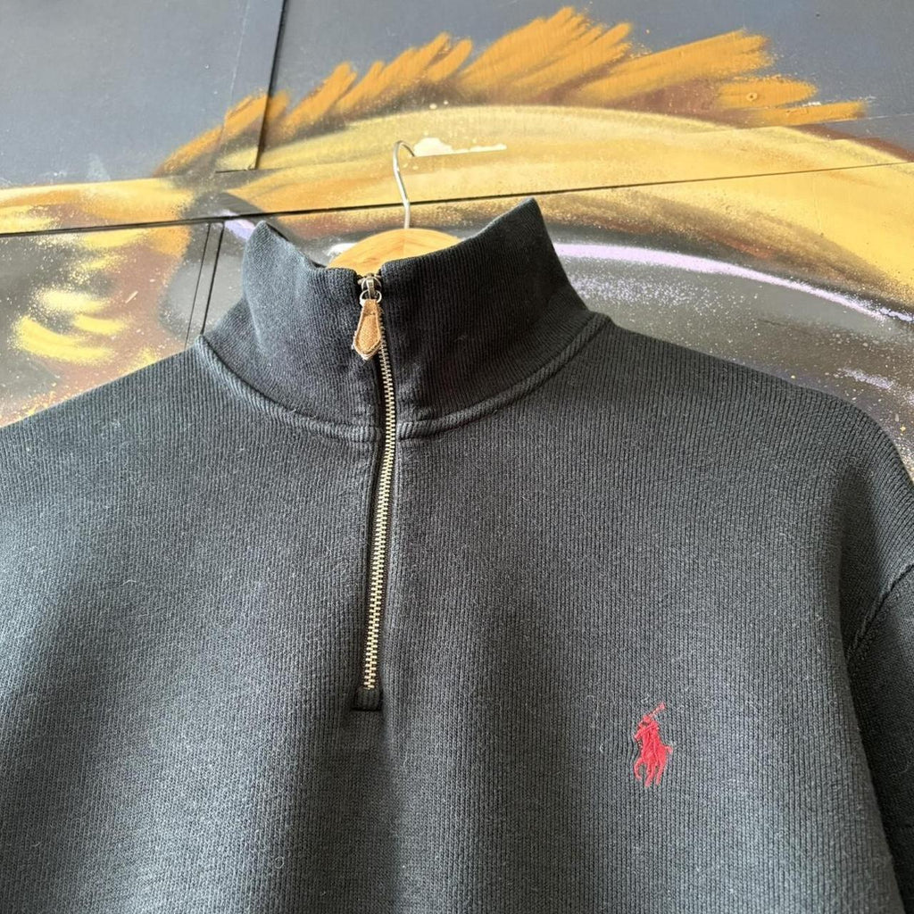 Vintage Ralph Lauren 1/4 Zip Fleece Mens Large Black Quarter Zip Up Preppy Pony Logo Sweatshirt Jumper Top Y2K 90s