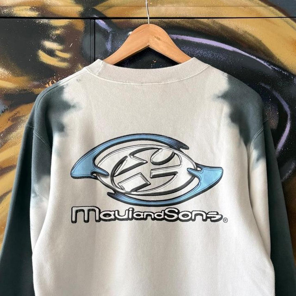 Vintage Maui & Sons Sweatshirt Mens Medium Cream Blue Tie Dye Jumper Top 90s Y2K 00s