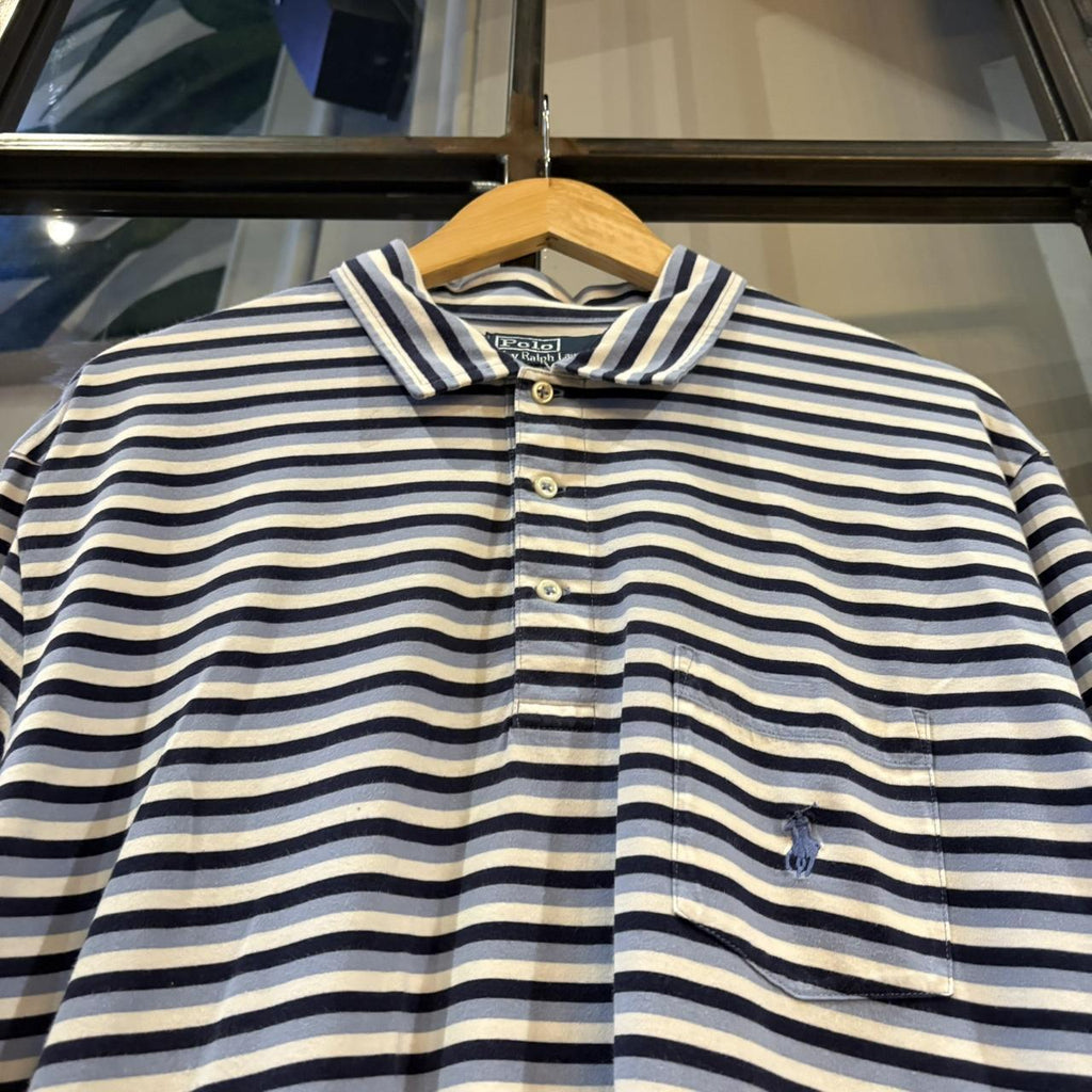 BR1912AEL-F - Vintage Retro Ralph Lauren Light Blue, Navy and White Striped Polo Shirt Short Sleeve collared button up top  #Y2K #preppy #chiefkeef #oldmoney #ralphlauren