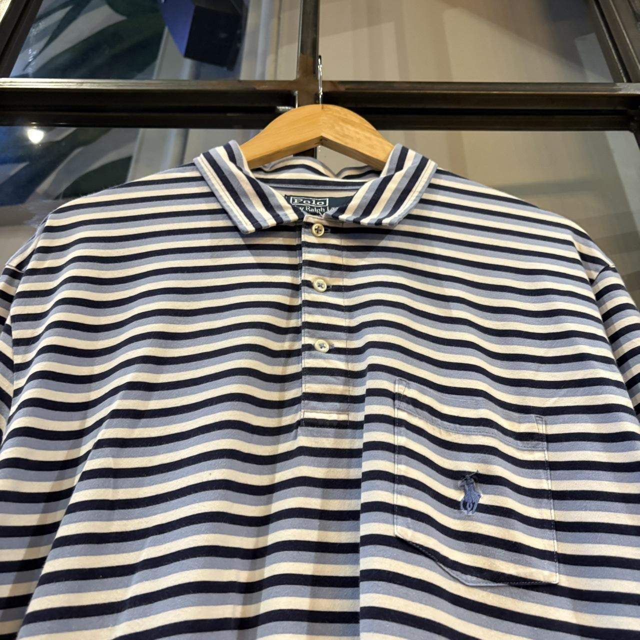 BR1912AEL-F - Vintage Retro Ralph Lauren Light Blue, Navy and White Striped Polo Shirt Short Sleeve collared button up top  #Y2K #preppy #chiefkeef #oldmoney #ralphlauren