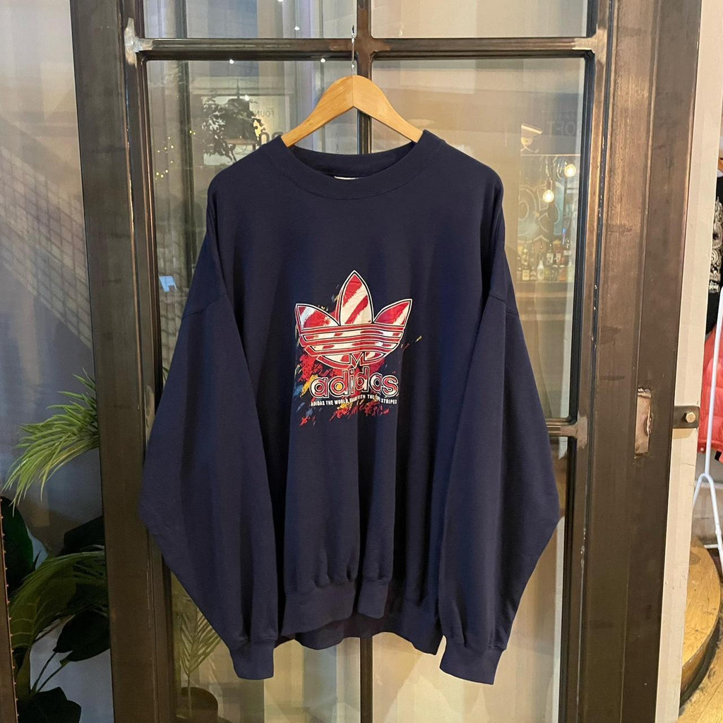 SWT444 - Vintage Retro Essential Navy Adidas Crewneck Jumper Sweatshirt with big spellout print logo #90s #sportswear #essential #adidas #y2k