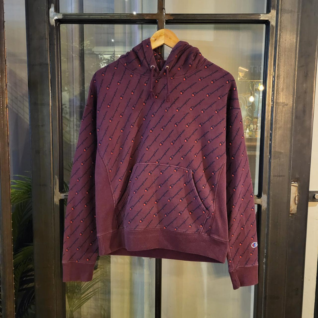 SWT312  - Vintage Retro Essential Champion Burgundy Hoodie sweatshirt with All over Print aop graphic #champion #aop #casual