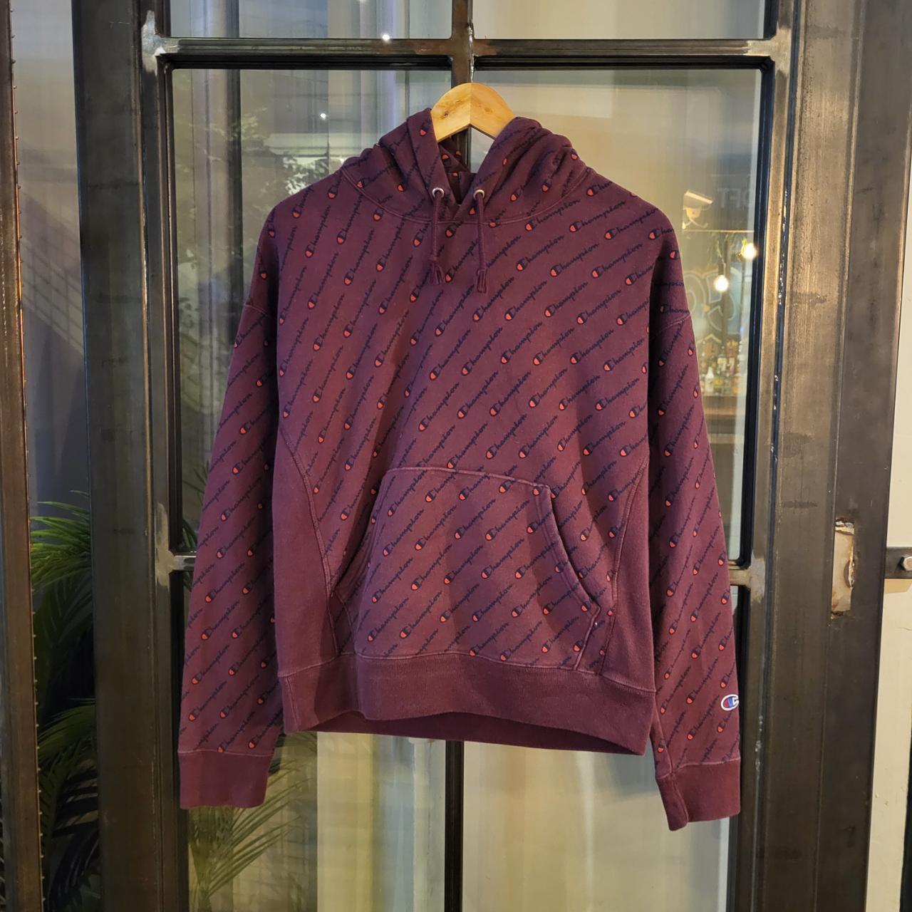 SWT312  - Vintage Retro Essential Champion Burgundy Hoodie sweatshirt with All over Print aop graphic #champion #aop #casual