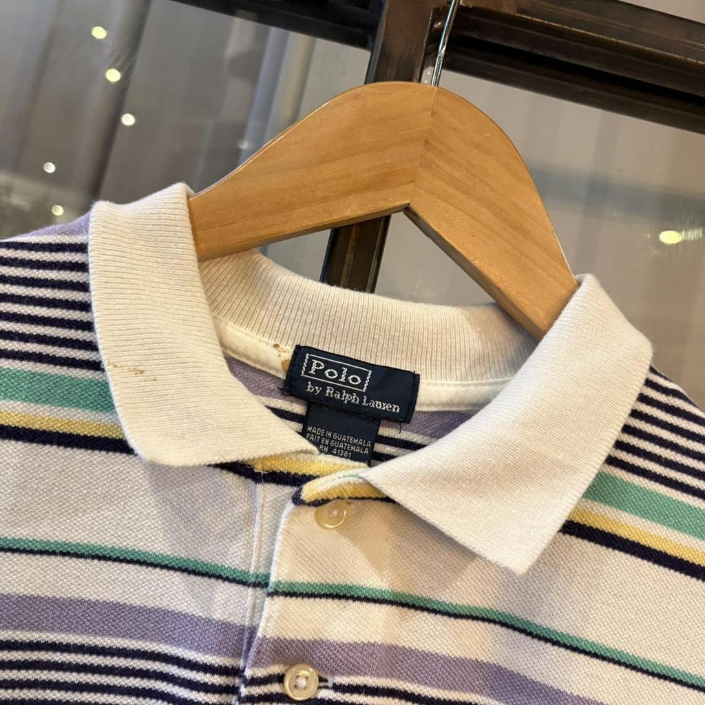 POL590-P - Vintage Retro Ralph Lauren White and Pastel Striped Polo Shirt Short Sleeve collared button up top  #Y2K #preppy #chiefkeef #oldmoney #ralphlauren