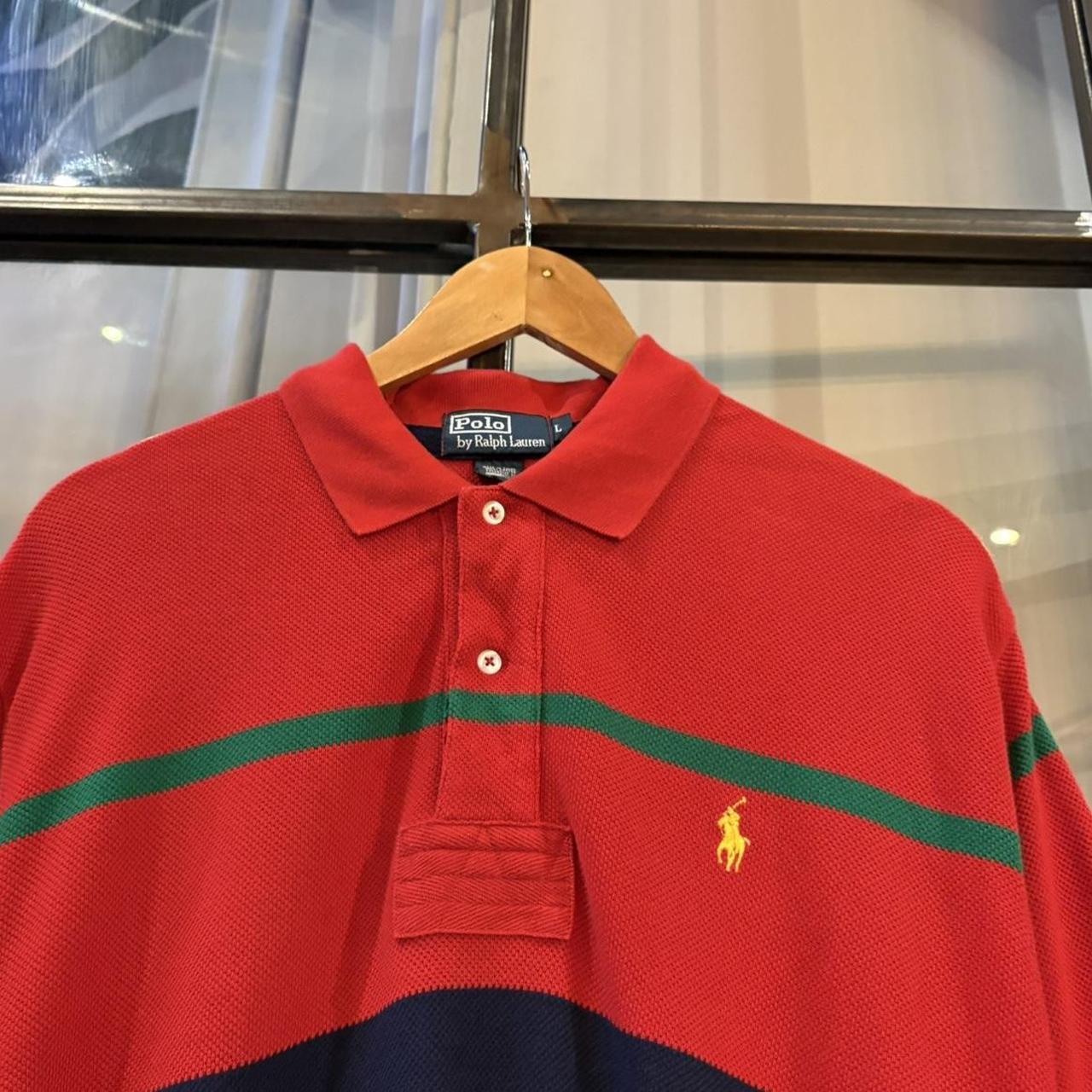 POL597-P - Vintage Retro Ralph Lauren Red and Navy Polo Shirt Short Sleeve collared button up top  #Y2K #preppy #chiefkeef #oldmoney #ralphlauren