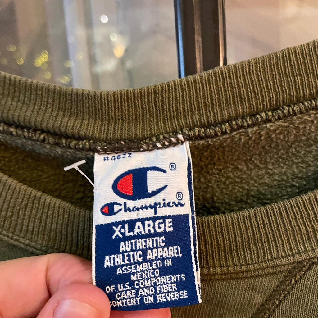SWT449 - Vintage Retro Essential Khaki Champion Crewneck Jumper Sweatshirt with small spellout embroidered logo #90s #sportswear #essential #champion #y2k