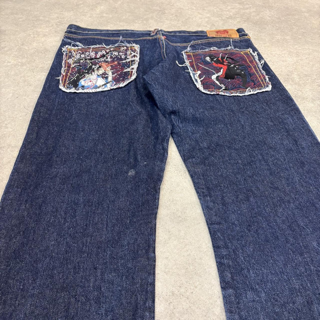 Red Monkey Company RMC Jeans Mens 40x34 Japanese Selvedge Denim Dark Blue Wash Straight Leg Martin Ksohoh Embroidered Samurai and Geisha Detailing Hip Hop Y2K