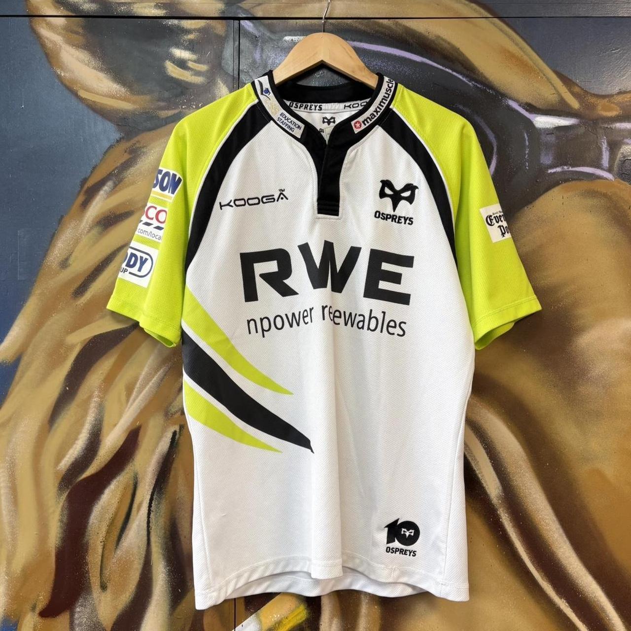 Vintage Retro Essential Kooga Ospreys 2012 - 13 Away Yellow and White Collared Rugby Short Sleeve Jersey Shirt top  with embroidered logos and RWE, Jewson, Tesco, Cuddy Group, Evening Post and Worthington's printed sponsorships