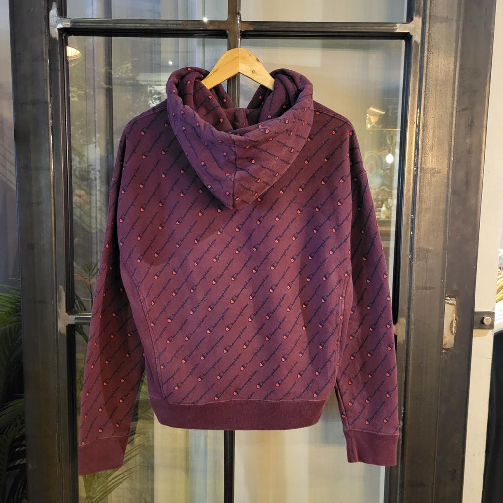 SWT312  - Vintage Retro Essential Champion Burgundy Hoodie sweatshirt with All over Print aop graphic #champion #aop #casual