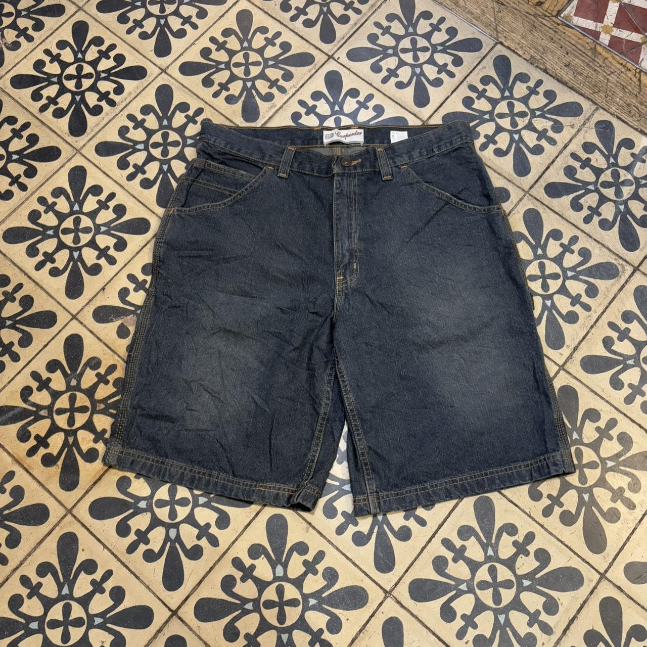 JRT414P - American Vintage Retro Essential Faded Glory Mid Blue Indigo Wash Denim Shorts Jorts with gold contrast stitching detailed patch Logo hip hop baggy wide leg 90s 00s y2k grunge streetwear style workwear #hiphop #90s #jorts #skater #fadedglory